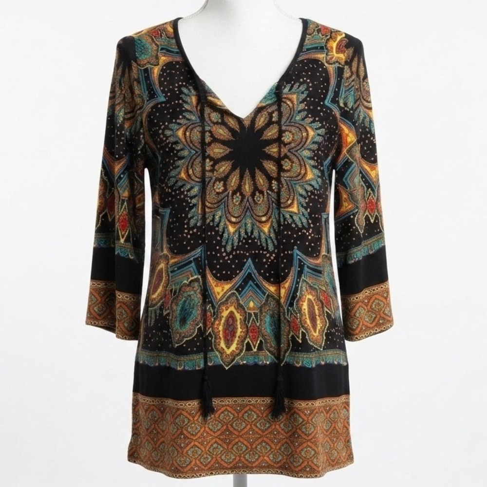 Vintage ECI New York Boho Tunic Top Large Multi Paisley Mandala Tassel Braid